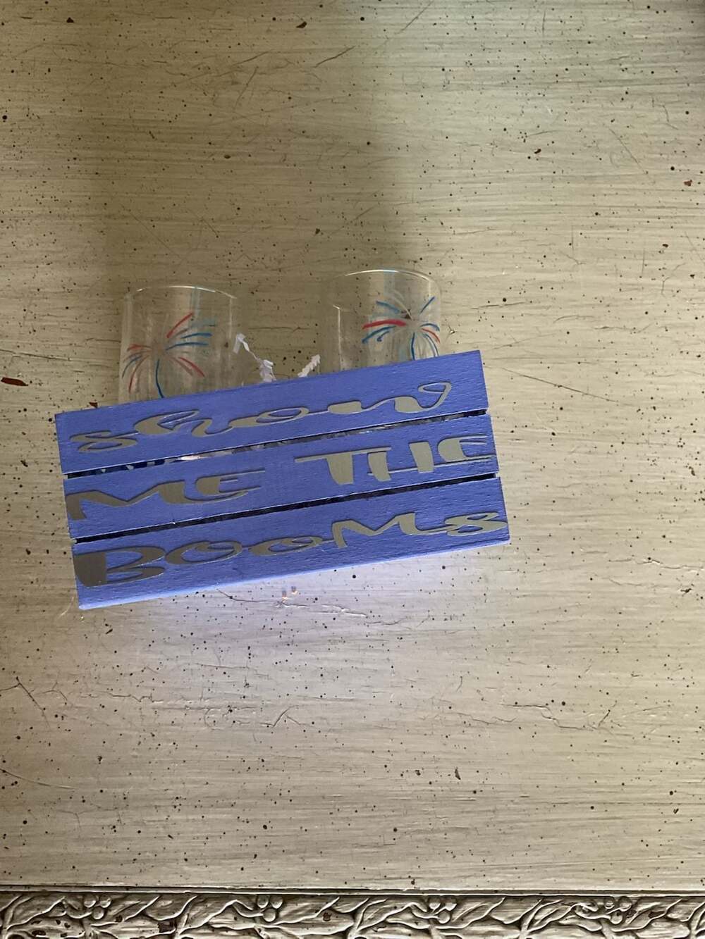 Show Me The Booms Patriotic Fireworks Shot Glass Set in Wooden Crate